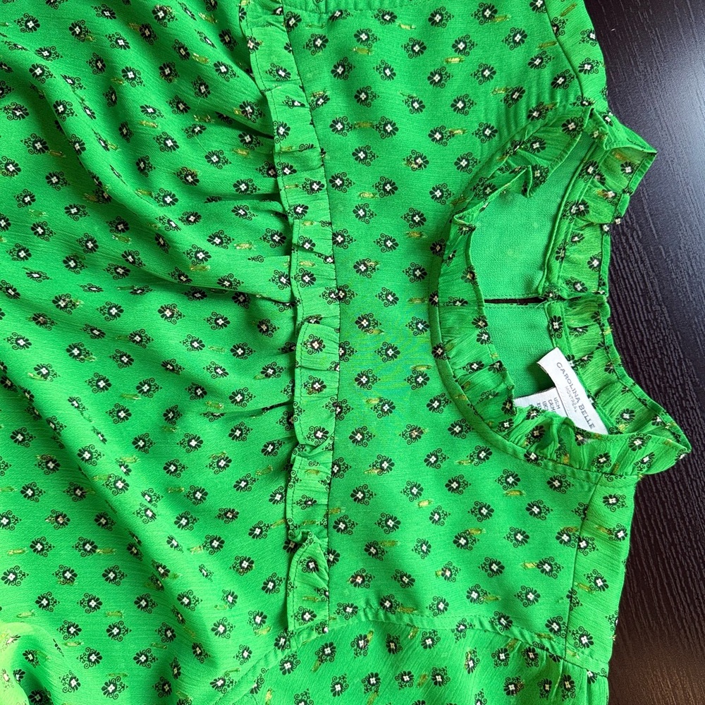 Carolina Belle Green Ruffle Neck Floral Blouse Top Size M - Picture 6 of 10